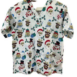 Madison Medical Scrub Top Womens Size Large Christmas Santa Elf Reindeer Snowman